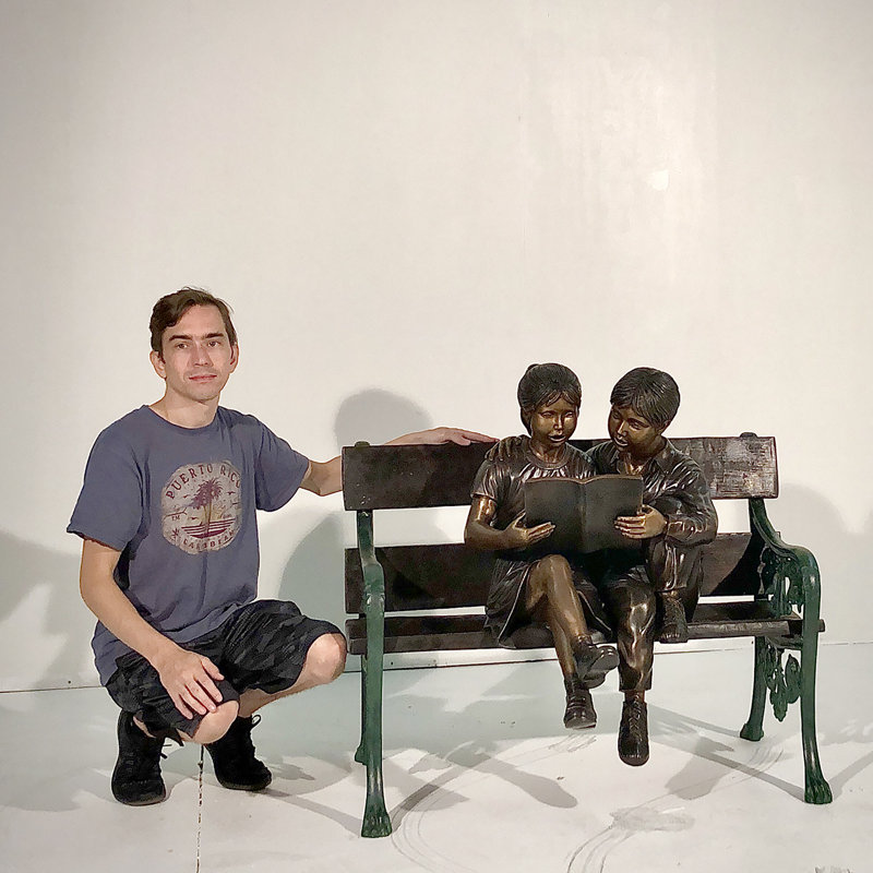 Bronze Boy and Girl Reading Book on Bench Sculpture