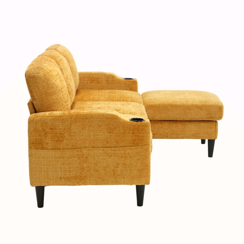 Canapé pour trois personnes, structure en bois massif, tissu chenille, poche latérale, avec deux porte-gobelets, repose-pieds avec rangement et canapé de salon Canapé modulaire confortable