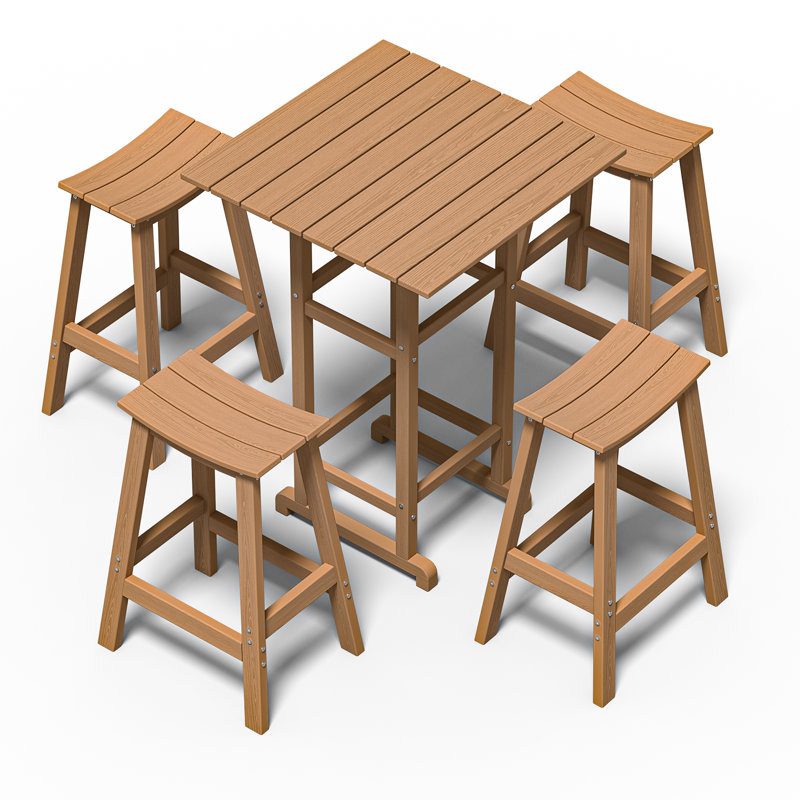 5-piece Hdpe Outdoor Bar Set – Square Patio Table & 4 Bar Stools, Weather-resistant, All-weather Furniture For Balcony, Garden, Poolside