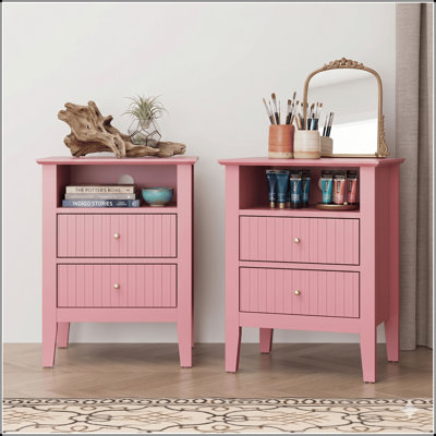 Ensemble de 2 tables de chevet cannelées roses de 18 po avec 2 tiroirs et une tablette ouverte