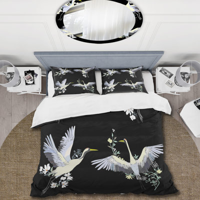 White Crane Birds On Black - Ensemble de housse de couette moderne - Polyester en microfibre