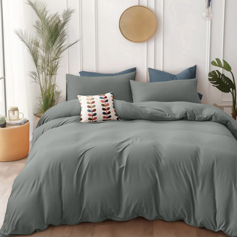 HOME BEDDING Jersey Cotton Duvet Cover Set, King Duvet Cover + 2 King Shams, Greenish Gray