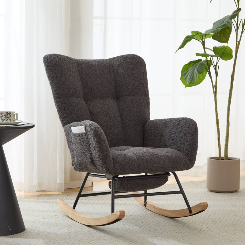 Modern Tufted Teddy Fleece Rocking Chair with Side Pocket, Glider Chair for Nursery & Living Room, Comfy Upholstered Rocker with Wood Sled Base& Metal Frame (Gray With Footrest)