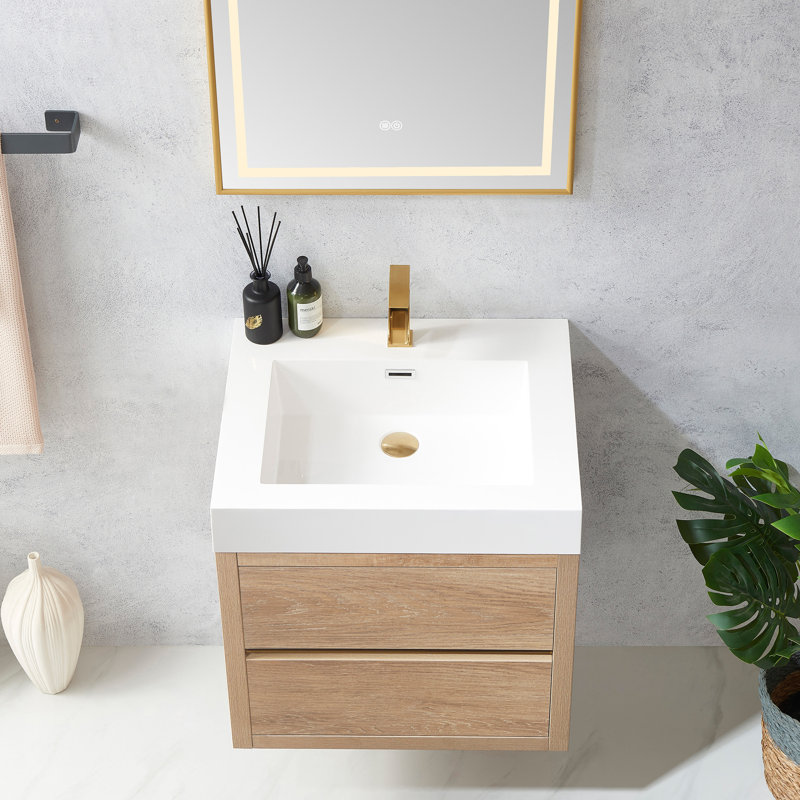 Beira 24 " W Free Standing Wall Mounted 1 Single Vanity Bathroom Vanity With Top, White, North American Oak Finish