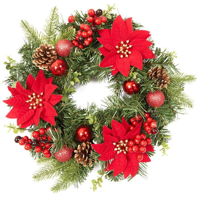 Couronne de Noël artificielle en pin pour porte d'entrée, guirlande verte classique de 16 pouces avec baies rouges et pommes de pin pour cheminée et mur