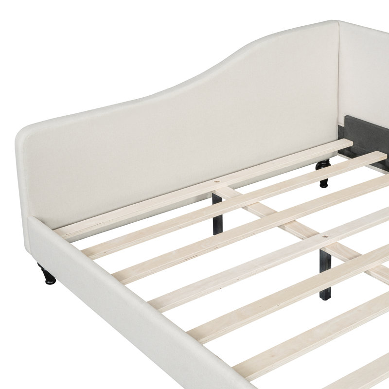 L-Shaped Linen Daybed with Solid Wood Legs, Comfortable and Durable, Beige, Full