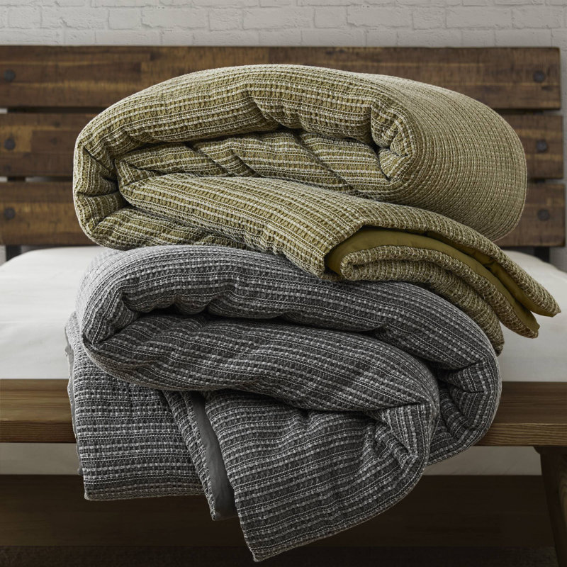 Lyon Oversized Cozy Cotton Waffle Washed Duvet Set, Green, King/Cal King Duvet Cover + 2 Standard Sham