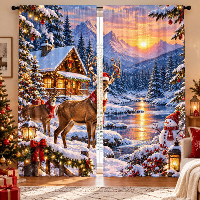 Lot de 2 rideaux à motif de chalet d'hiver féérique, imprimé festif de cerfs et de bonhommes de neige, tissu filtrant la lumière, protection de l'intimité, conception à œillets, lavables à la machine, parfaits pour le salon, la chambre et la décoration de Noël.