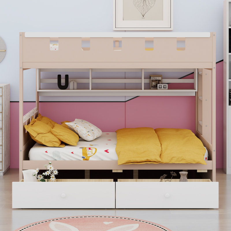 Lit superposé de style château avec 2 tiroirs, tablette et DEL, Lit double, Blanc
