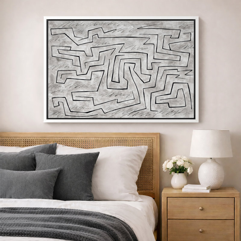 Œuvre abstraite ligne noire labyrinthe, images de salon moderne, impression sur toile giclée sur toile encadrée, Cadre blanc
