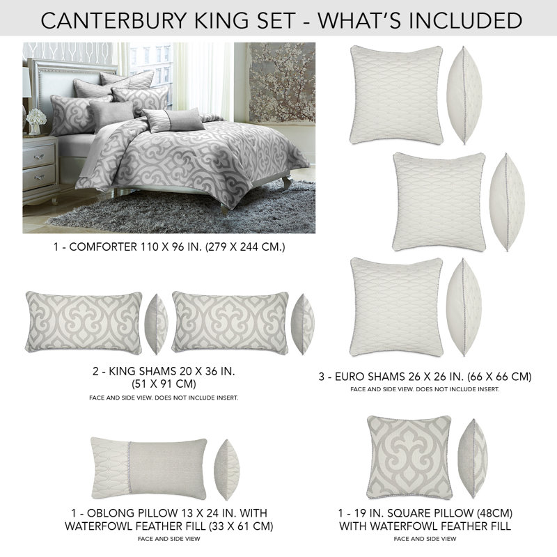 Canterbury Comforter Set - Silver, King Comforter + 5 Shams + 2 Pillows