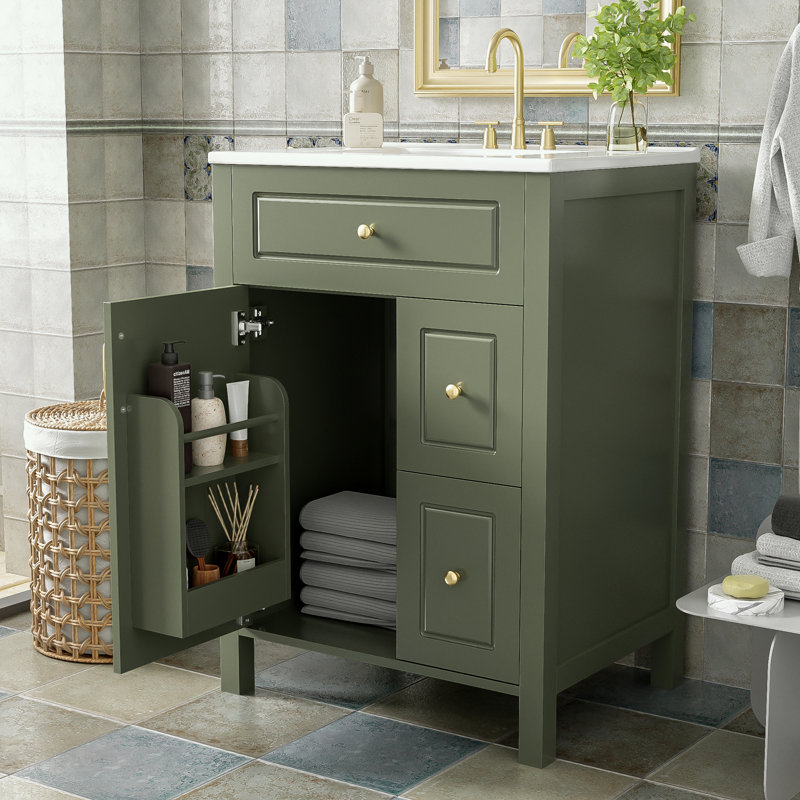 Bathroom Vanity with Ceramic Sink, two Drawers and Storage Racks on the Door, Green