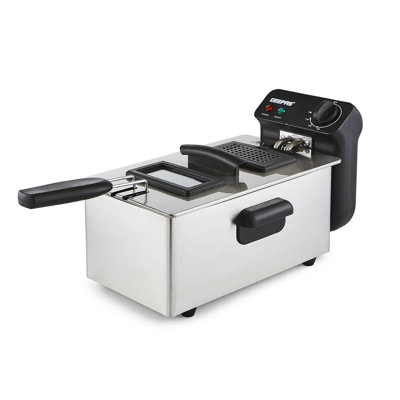 Geepas Deep Fat Fryer 3L | Food Grade Stainless Steel with Viewing Window and Safety Cut Out | Non-Slip, Easy Clean and Adjustable Temperature Control | Compact, 2100W | Silver