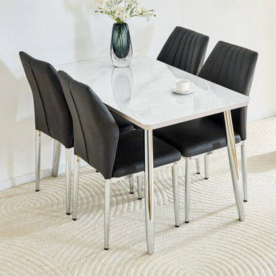 47.3" Modern Faux Marble Dining Table Set For 4, Compact Kitchen Set With Chrome Legs