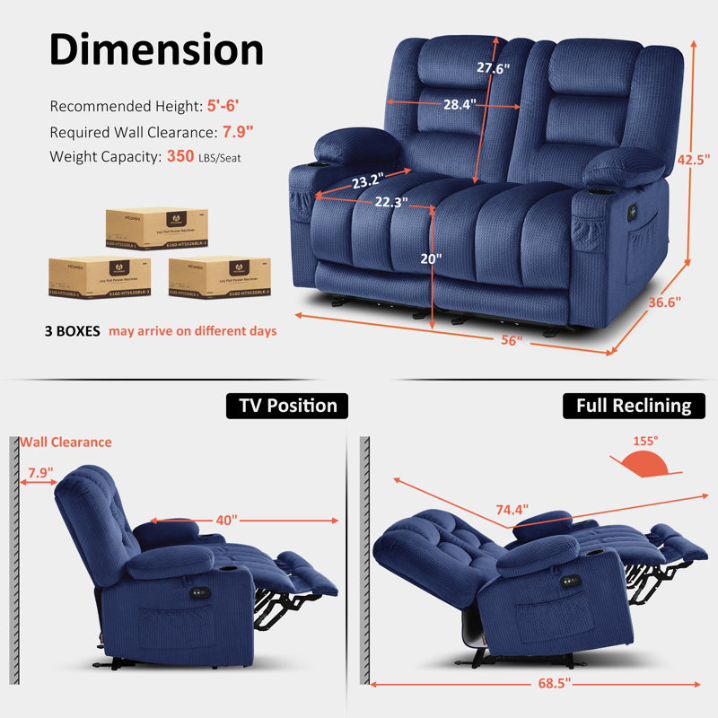 Electric Reclining Loveseat Sofa with Heat and Massage, Fabric Power Loveseat Recliner, Blue, 42.5" H x 56" W x 36.6" D