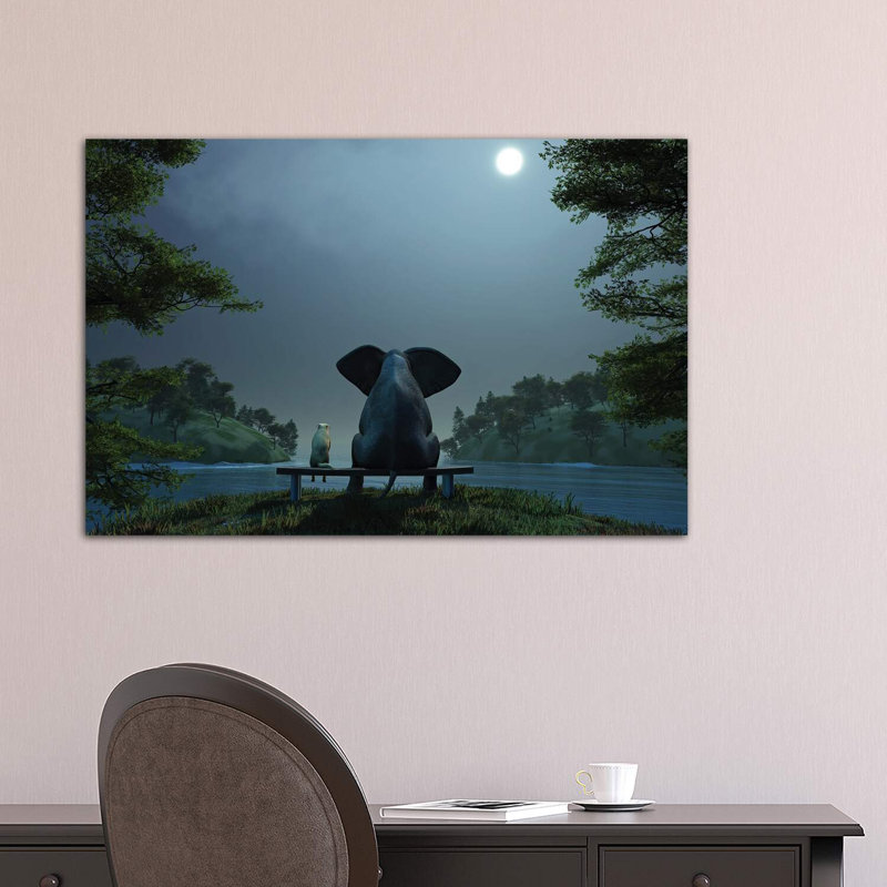 Elephant And Dog At Summer Night by Mike Kiev - Wrapped Canvas Print, 101.6 cm H x 66.04 cm W x 1.91 cm D