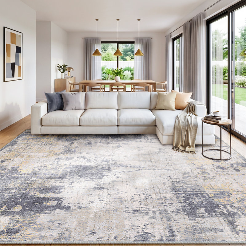Modern Abstract Printed Area Rug Non-Slip Machine Washable Low Pile for Living Room Bedroom, Gray/Yellow, Rectangle 9' x 12'