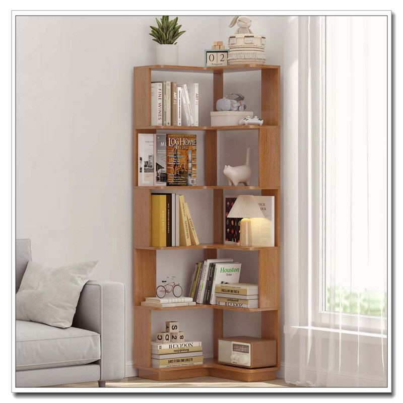 6 Tier Freestanding L-Shaped Corner Bookshelf For Living Room, Dark Oak