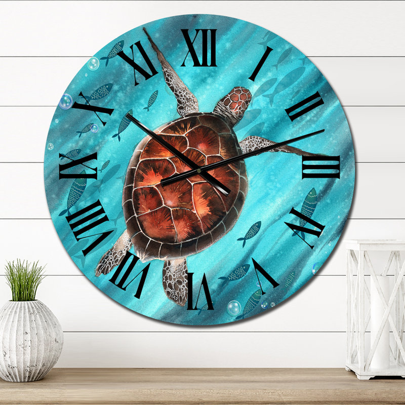 Tortue de mer colorée nageant I - horloge murale nautique et côtière, Moyen
