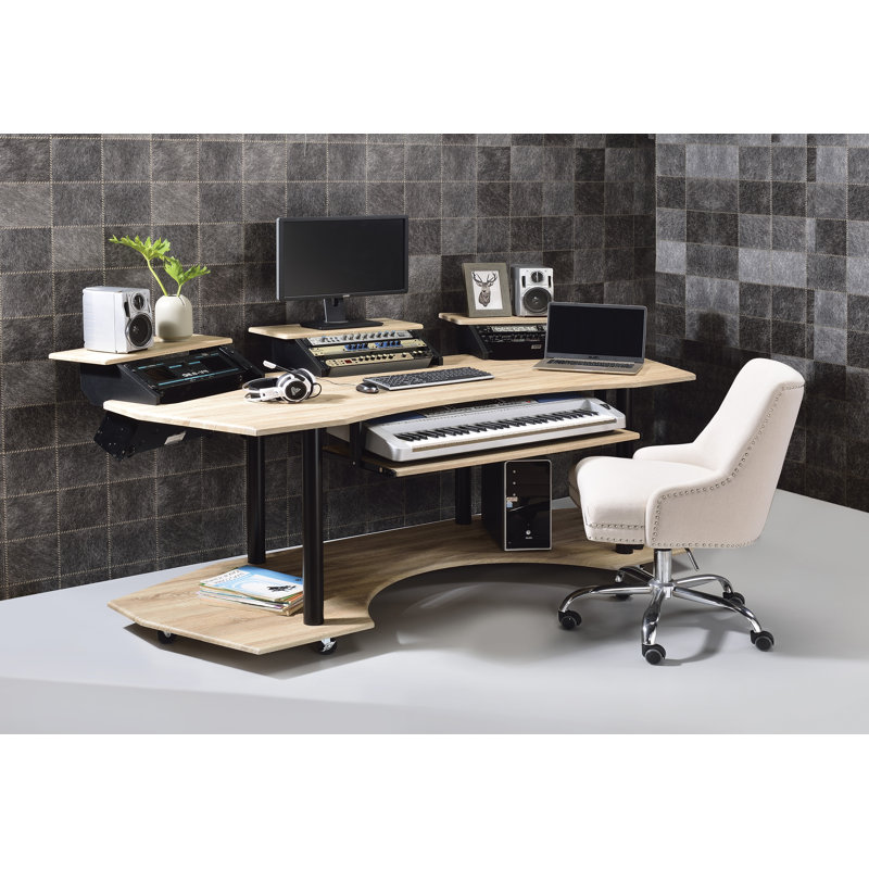 Mercorr Music Studio Desk Eleazar Music Recording Studio Desk Knee, Natural Oak, 37'' H x 83'' W x 40'' D