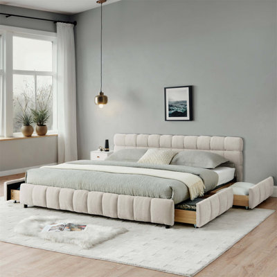 Lit tapissier très grand californien avec tissu en chenille, tête de lit confortable et tiroirs de rangement sous le lit - Beige