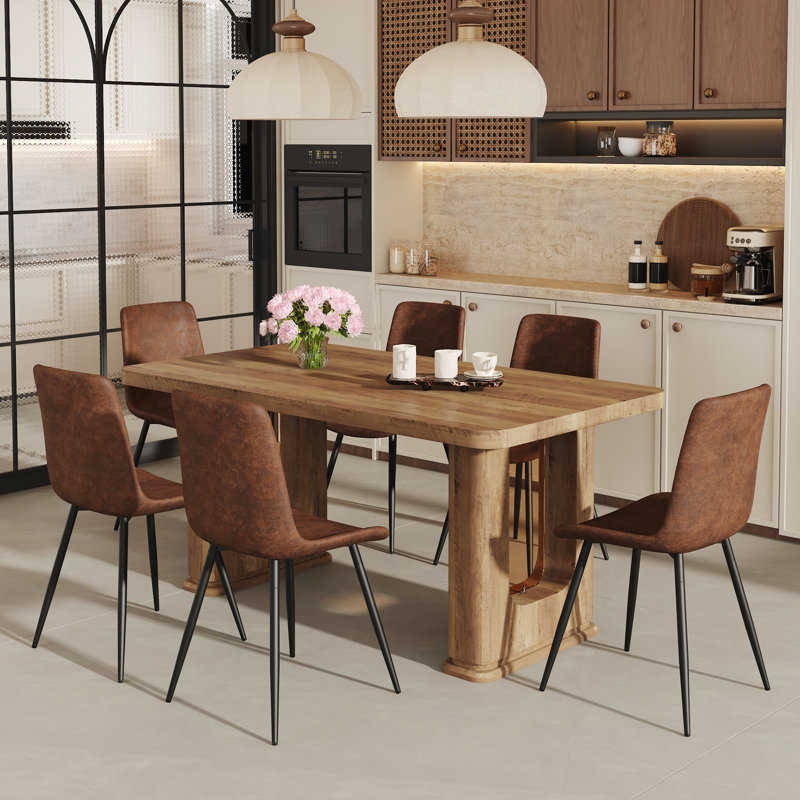 Ensemble de table de salle à manger élégant avec chaises en tissu technique - Finition en bois brun, coussins incurvés, design moderne