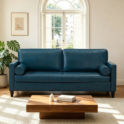 Canapé en cuir de style classique, similicuir respirant avec coussin de siège capitonné, pieds en bois massif pour le salon, bleu marine