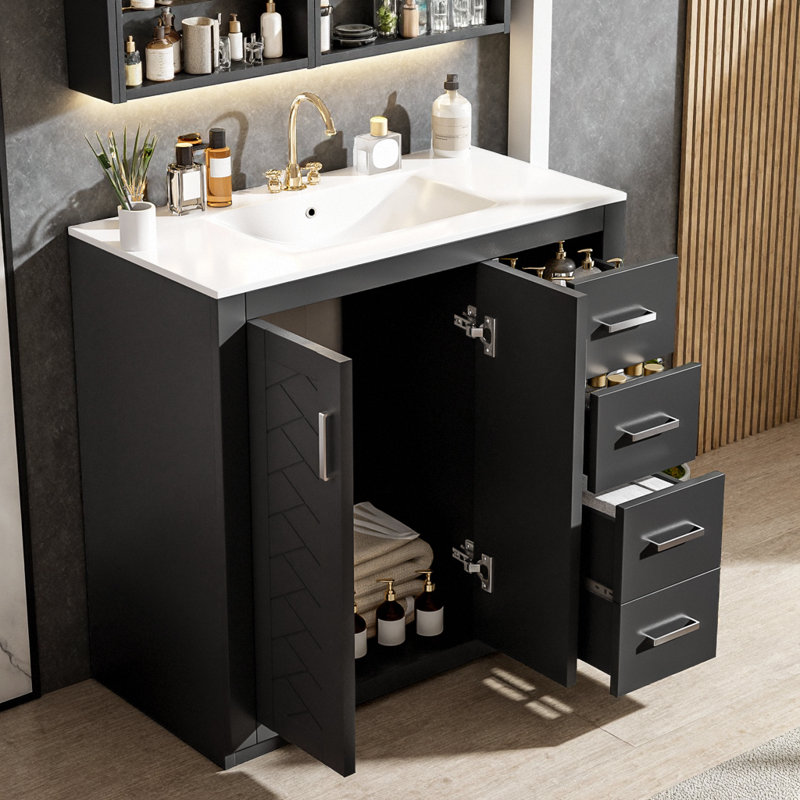 Meuble-lavabo noir 36 po avec lavabo en céramique, portes à fermeture douce, 3 tiroirs et structure en bois massif, Noir