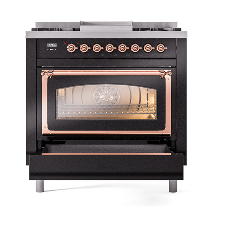 ILVE Nostalgie II Noblesse 36 in Dual Fuel Range, Glossy Black/Copper, Natural Gas