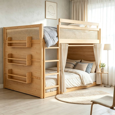 Wooden Low Bunk Bed with Rattan‑Inspired Guardrail, Adjustable LED Strip Light, Privacy Curtains and 3 Rail‑Equipped Side Storage Shelves