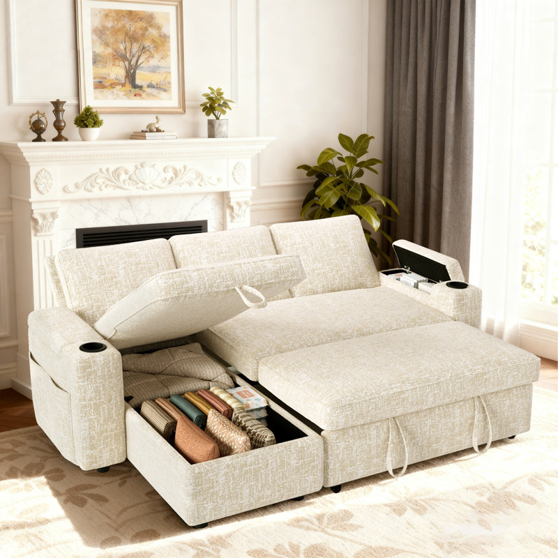 81'' Pull Out Sofa, Sleeper Sofa Couch With Storage Chaise, Chenille Sofa Bed With Pull Out Bed, Convertible Sleeper Sofas For Living Room, Small Spaces