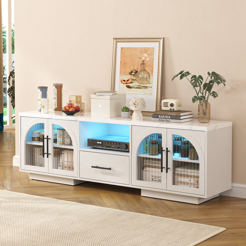 70" TV Stand with Storage, Entertainment Center with LED Lights, Adjustable Shelves, Modern TV Cabinet for Living Room, White
