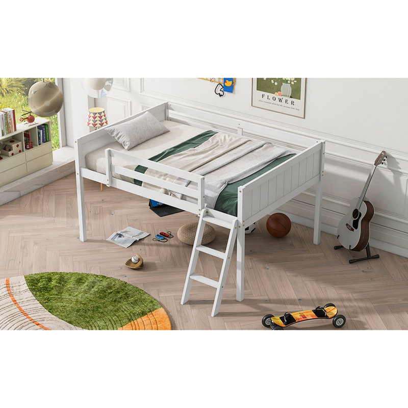 Lit mezzanine double en bois massif pleine grandeur avec accès à la chambre à coucher portable et commode blanc