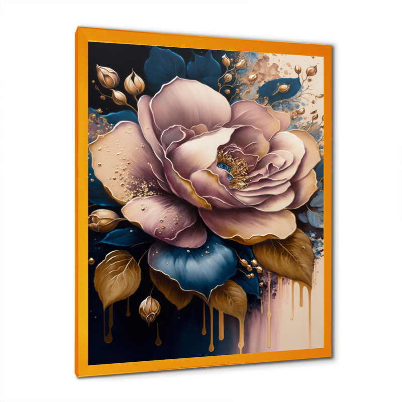 «Decadent Pink and Blue Roses I» - art mural rose, H 32 po x l 16 po x P 1 po, Impression sur dorée toile encadrée