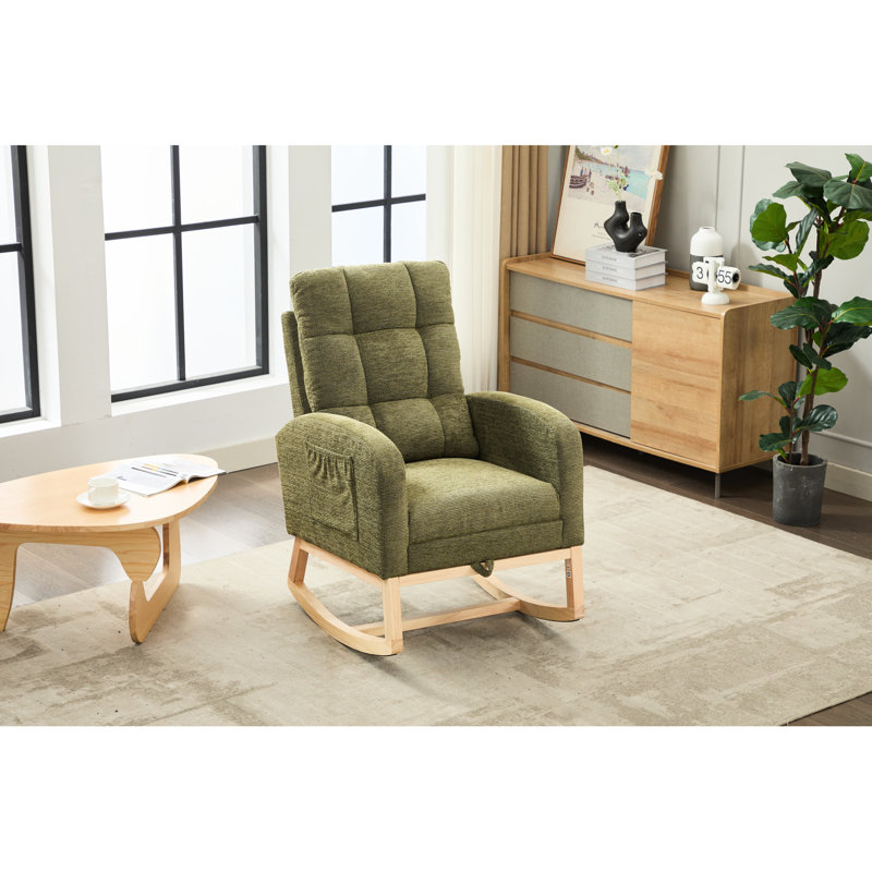 Chaise berçante avec repose-pieds réglable, pieds en bois massif, poche latérale, éponge haute densité et bande de bois cyan supplémentaire, fauteuil moderne 28,92 po avec cadre en contreplaqué 25,52 po