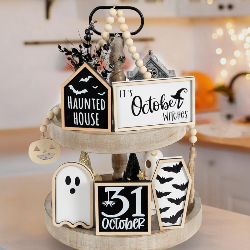 6 pièces, décor de plateau à plusieurs niveaux d'Halloween, cercueil de chauve-souris, maison hantée, fantôme, sorcières, signe du 31 octobre