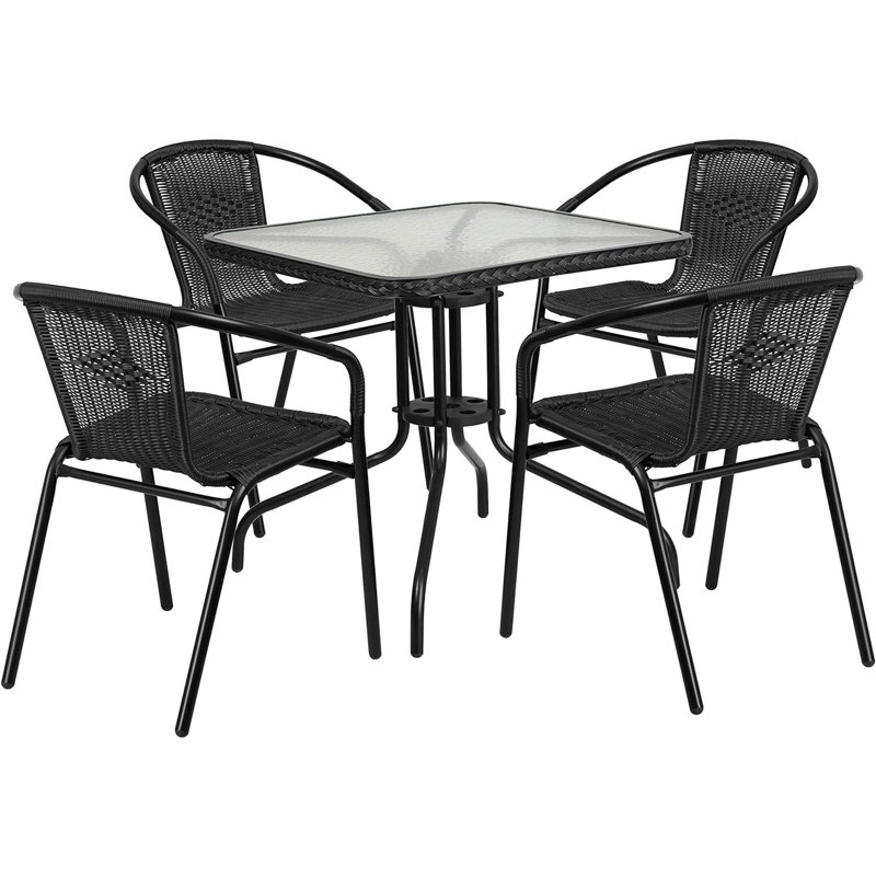 Amlie 28" W Square Glass 4-Person Dining Set with Stackable Chairs, Black