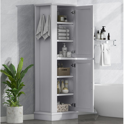 Grande armoire de rangement pour salle de bain, armoire de rangement autoportante avec crochet et tablette réglable, panneau de fibres à densité moyenne, gris