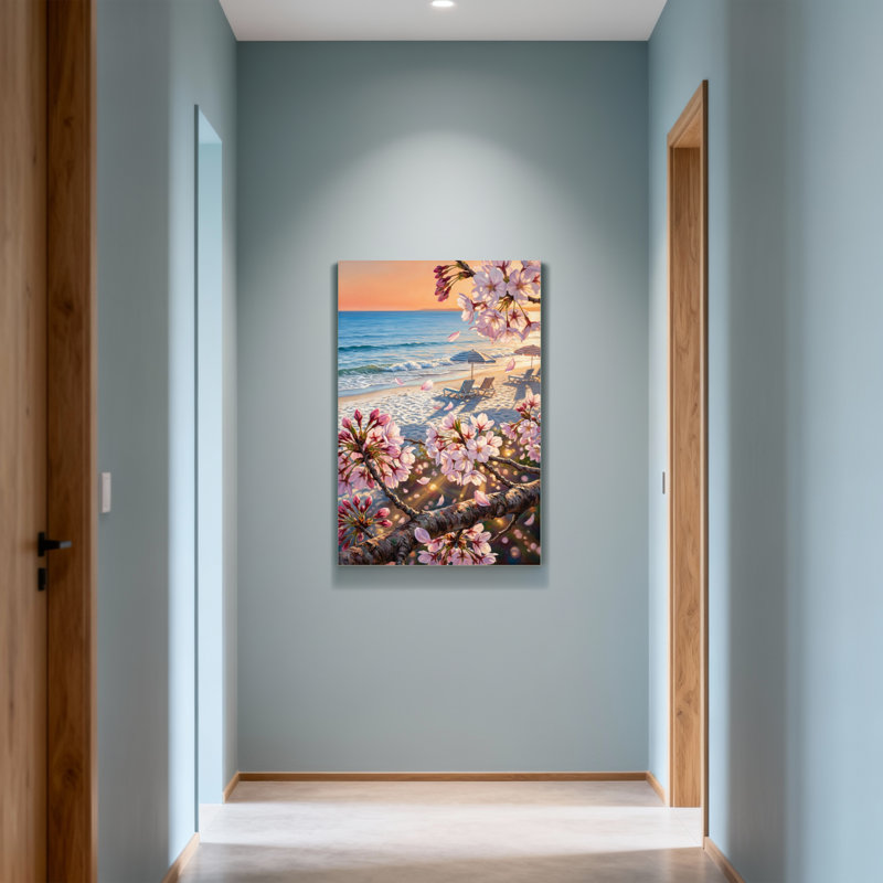 «Plants & Flowers Cherry Blossoms Beach Sunset Scene», reproduction sur toile, H 30 po x l 20 po