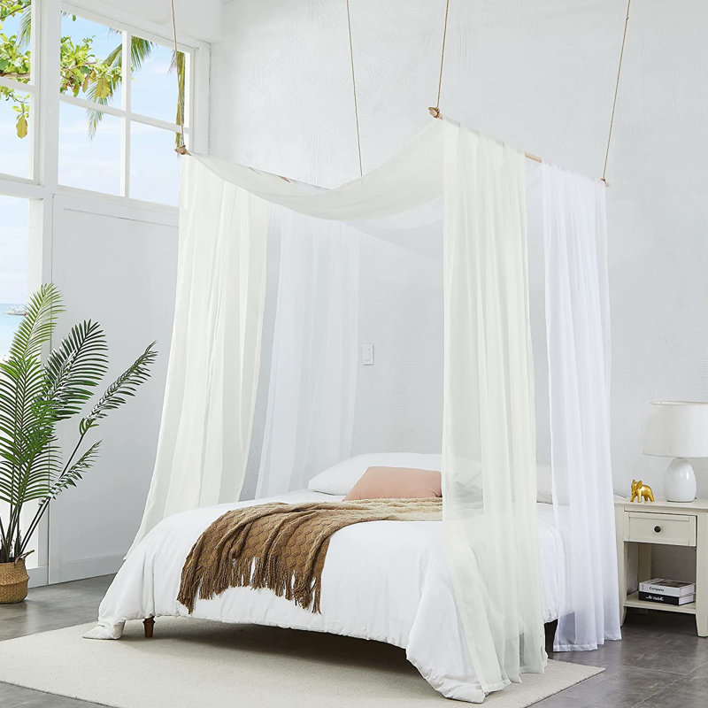 Queen Size White and Beige Canopy Bed Curtains Set