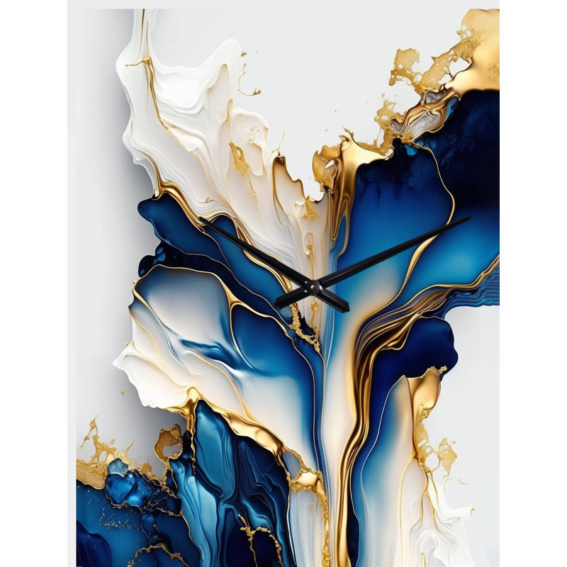 Abstract Geode Gold And Blue Marble Shape III - Drop Shape Unique Abstract Marble Wall Clock, Small