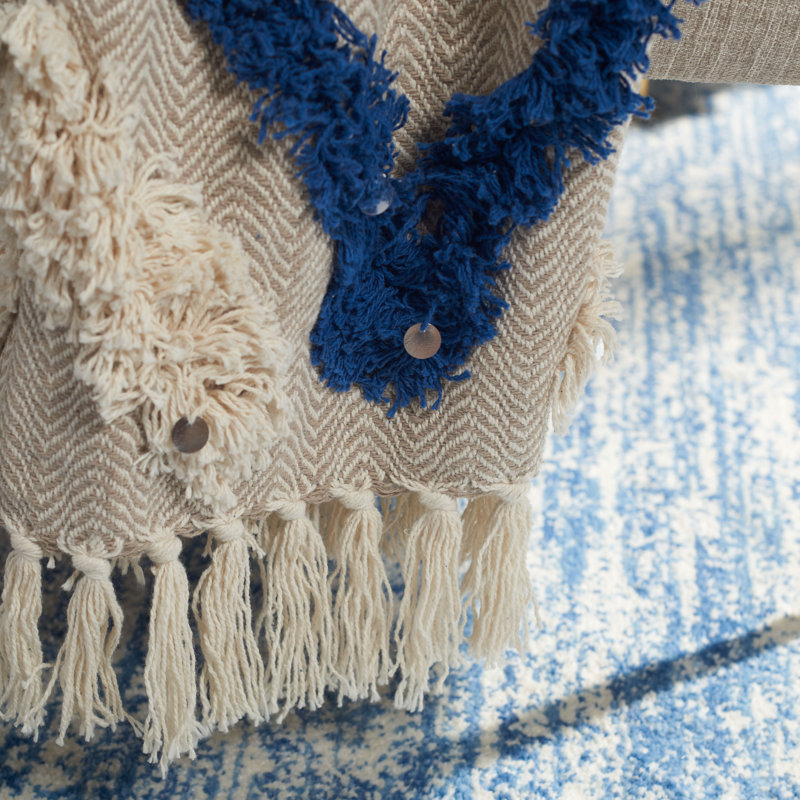 Lila Grace Navy and Beige Cotton Fringe Throw