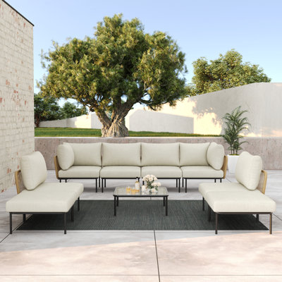  Outdoor Patio Woven Rope Wicker Modular 9 Pieces Sectional Set With Fire Pit Table And Cushions