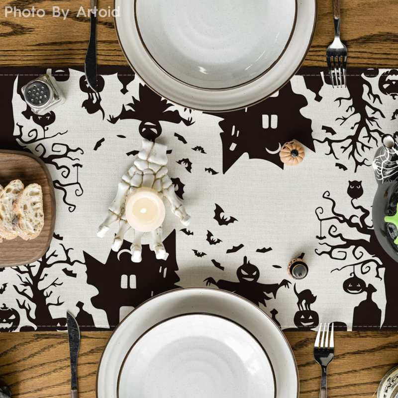 Chemin de table 210 g / m² Halloween 13 x 108 pouces | Décoration de table de salle à manger noir et blanc effrayant, 108" L