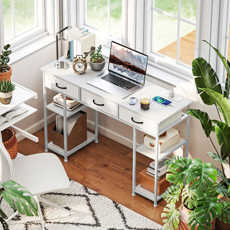Steel Computer Desk with Built-In Electrical Outlet, White, White