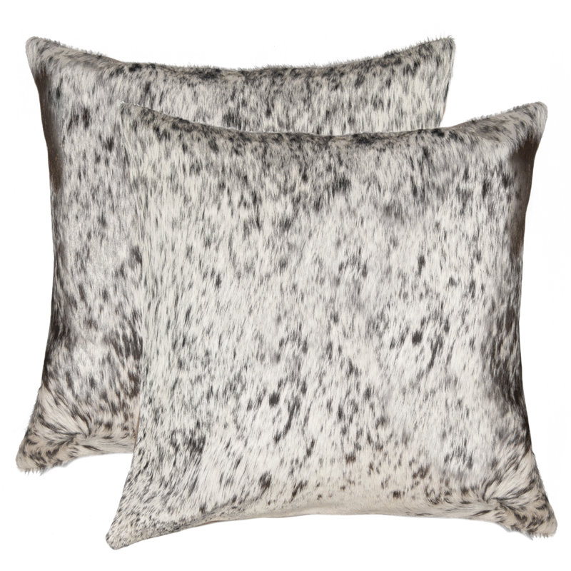 Set of Two 18" Cowhide Throw Pillows, Dark Gray/ Light White