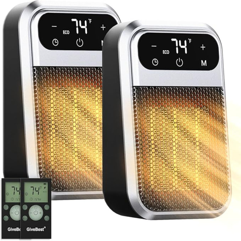 Givebest 800W Wall Outlet Space Heater With Remote, Small Plug In Electric Heater LED Display With Adjustable Thermostat And Timer For Rv And Home Office Bathroom Indoor Use, 2 Pack