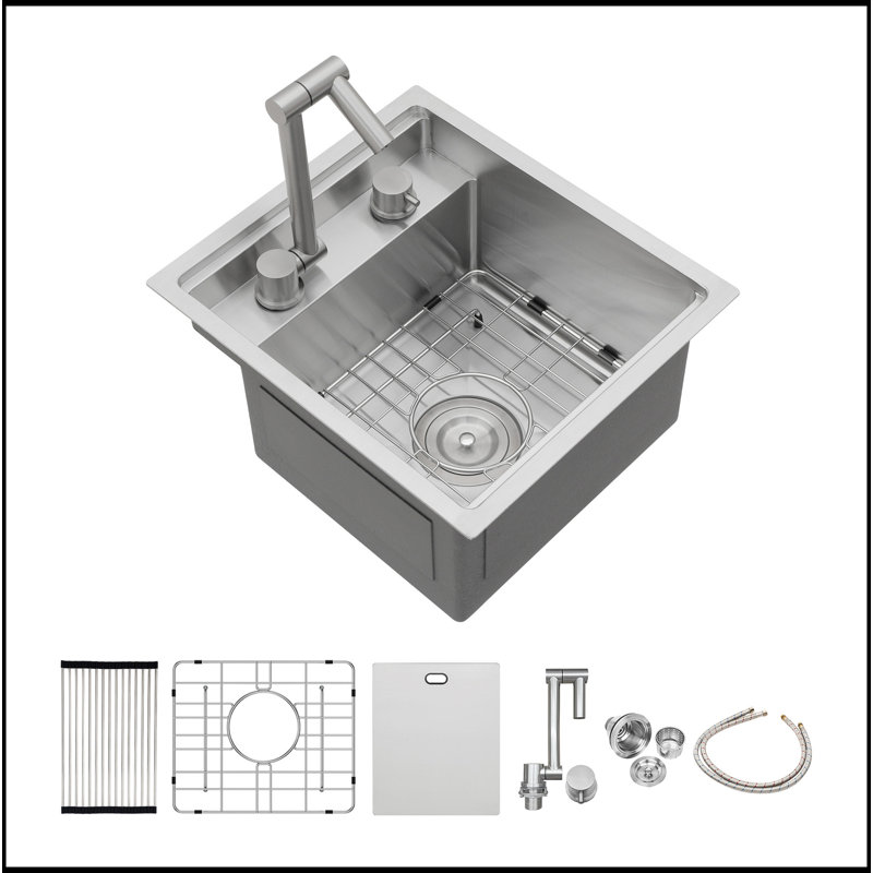 Évier de cuisine encastrable 15 po avec robinet pliant 15 po - éviers de cuisine en acier inoxydable de calibre 16 à cuve simple 15 po x 17 po
