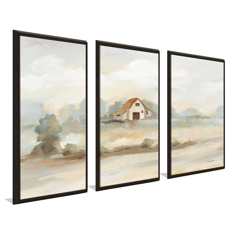 «The Old Farm Landscape» par Silvia Vassileva, peinture sur toile flottante 3 pièces, L 64,5 po x H 41,5 po
