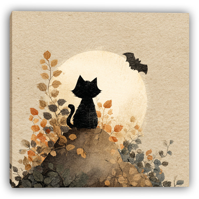 Curious Cat Under Full Moon Wrapped Canvas Wall Art